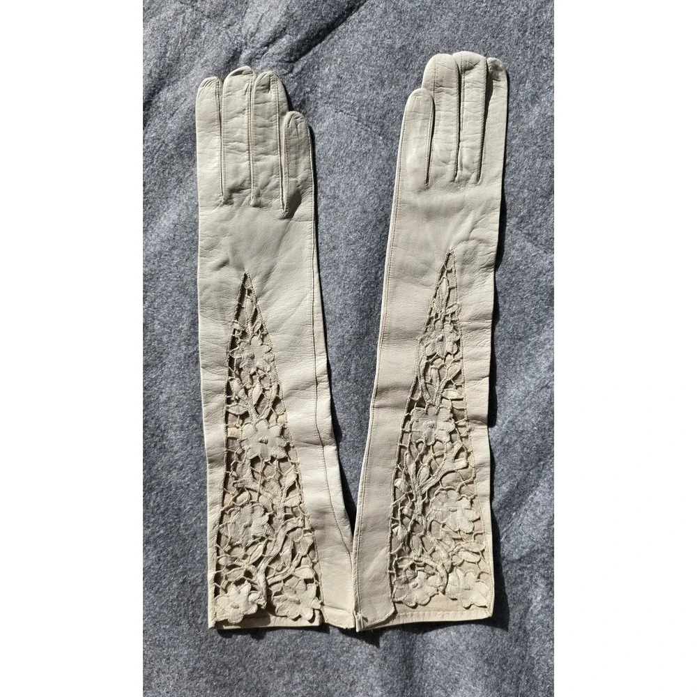 Vintage Kid Leather Gloves Floral Lattice Cut-Out Italian 50s Opera Bridal NWOT